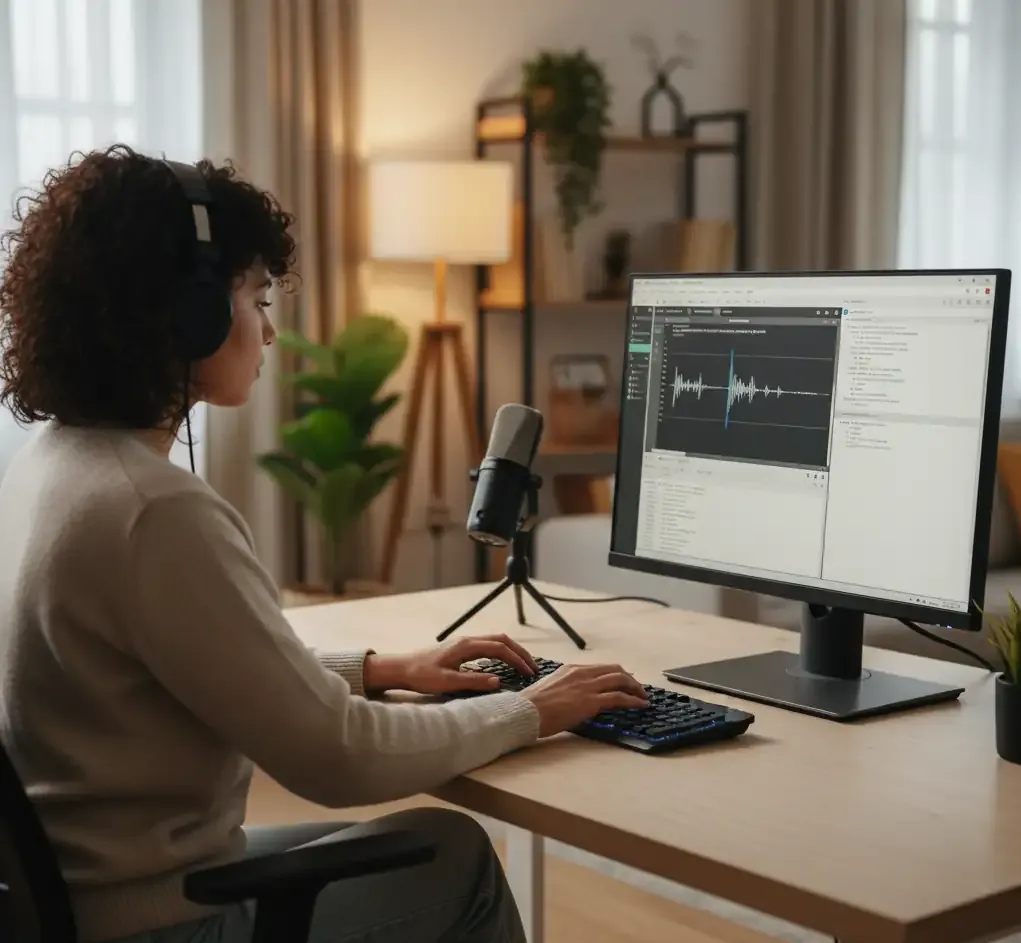 Person using computer for audio transcription with waveform on screen and microphone setup.